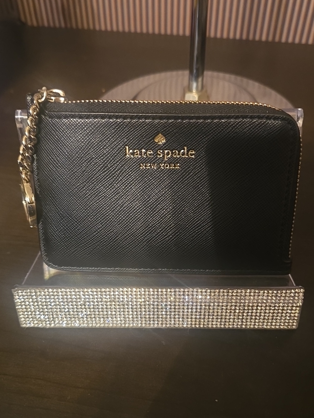 kate spade Black Leather Zip Card Wallet with Gold Hardware